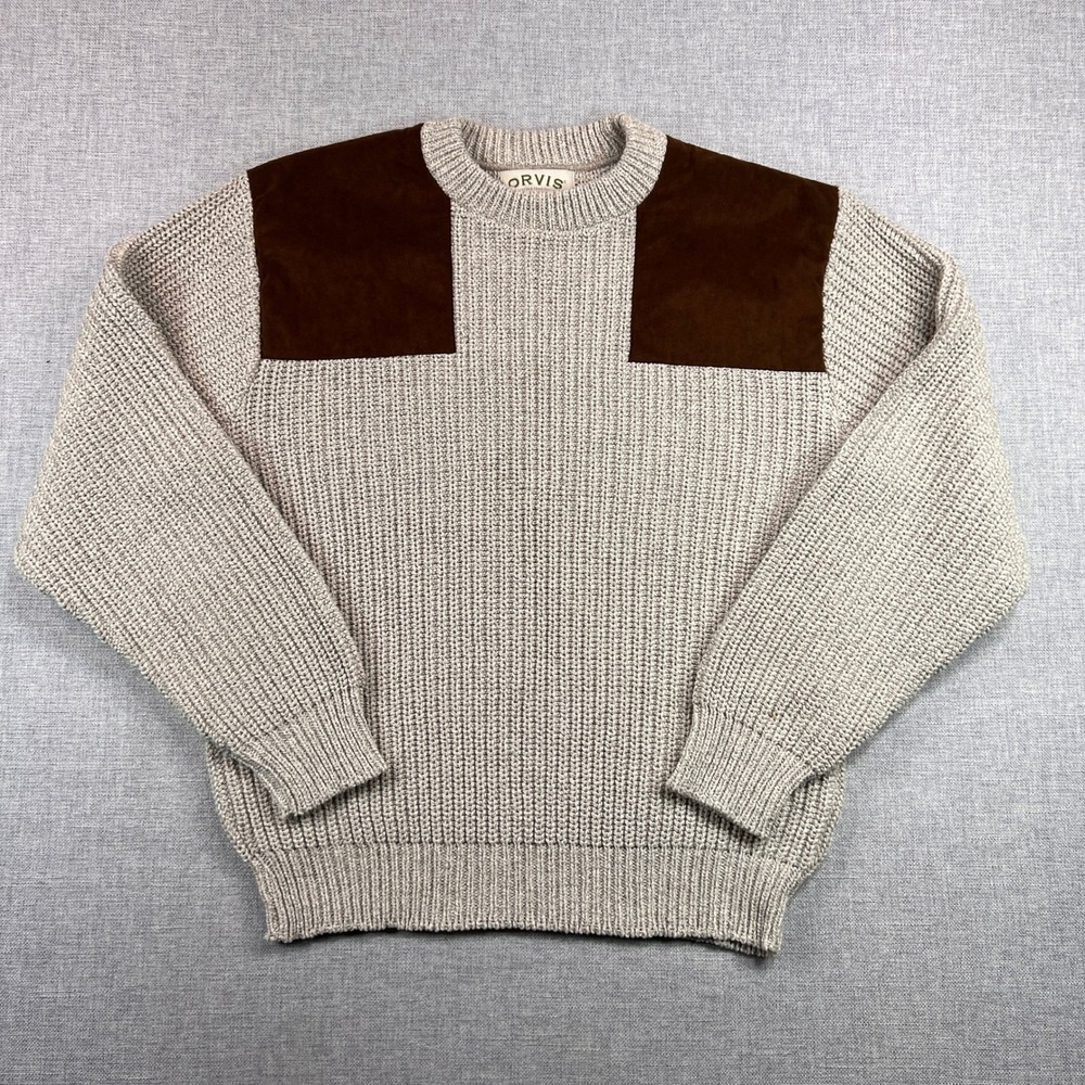 Vintage 90s Orvis Fisherman Sportsman Cotton Knit Sweater Men L Oatmeal Suede